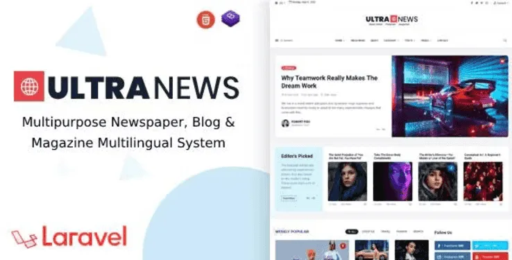 UltraNews Laravel magazine script dashboard with multilingual blog system and Bootstrap 4 responsive design