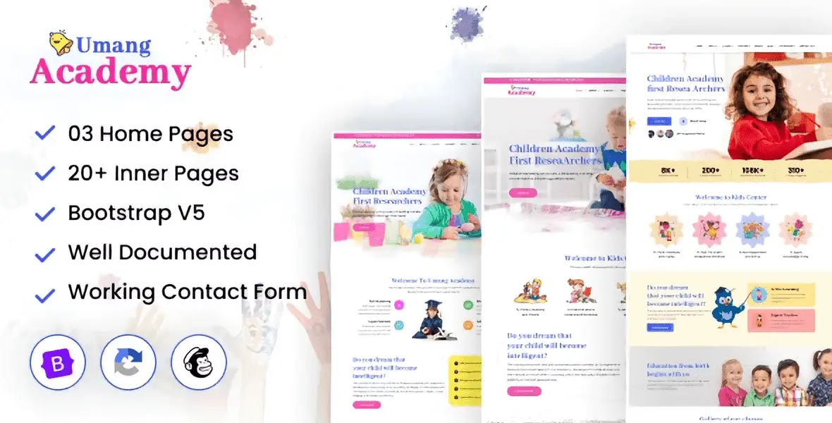 Umang Academy kindergarten website template preview showing responsive layout for preschool and daycare centers