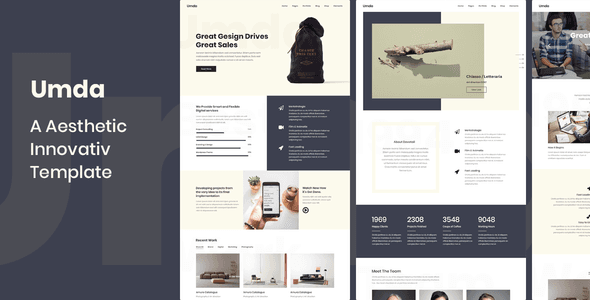 Umda multipurpose HTML5 template preview showing corporate homepage, portfolio grid, and mobile responsive views