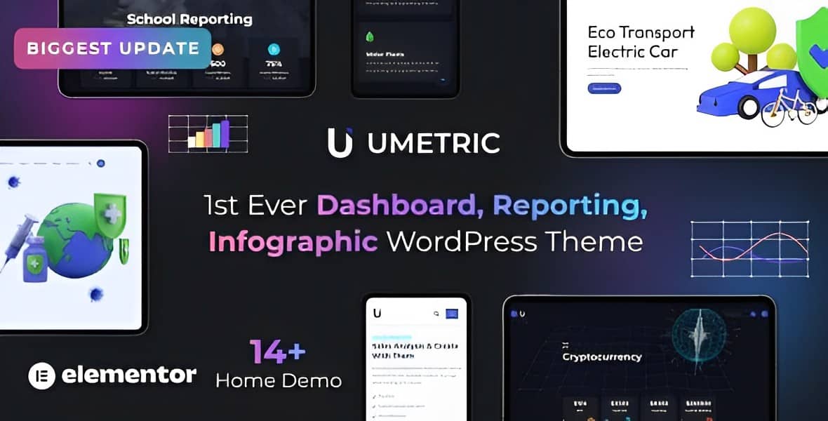 Umetric WordPress dashboard and infographic theme preview with charts and data visualization layouts