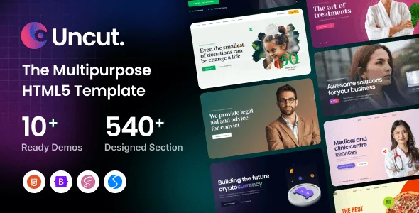 Uncut Bootstrap 5 multipurpose HTML5 template dashboard showing multiple demo previews and component library