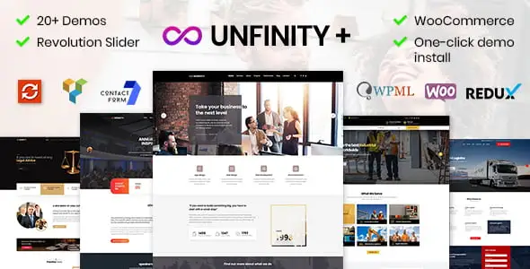 Unfinity one-page corporate WordPress theme demo showing modern landing page design with smooth scroll navigation