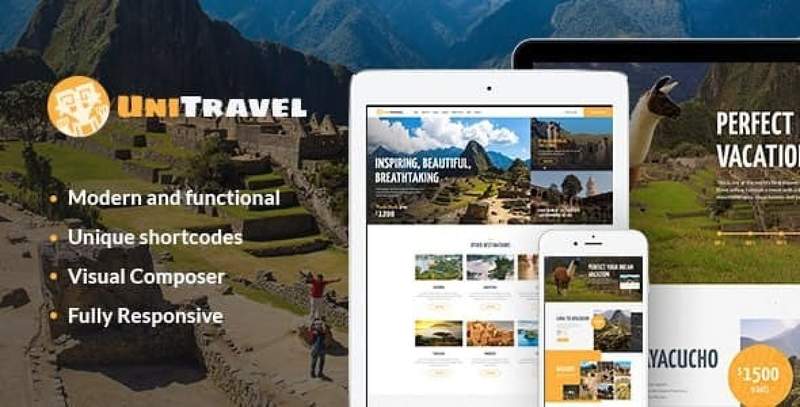UniTravel WordPress theme screenshot showing travel agency homepage with booking form and accommodation catalog