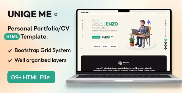 Uniqeme personal portfolio HTML template preview showing responsive design
