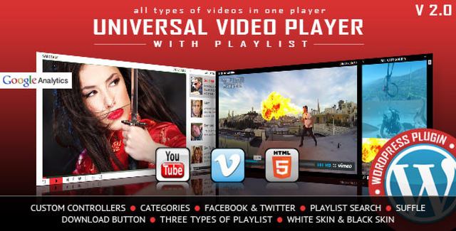 Universal Video Player WordPress plugin displaying a responsive video player with playlist controls