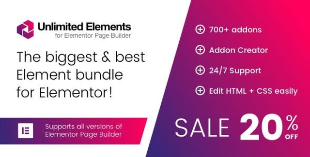 Unlimited Elements for Elementor showcasing 700+ add-ons and widgets for WordPress page builder