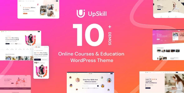UpSkill education LMS WordPress theme preview with Elementor PRO demo layout