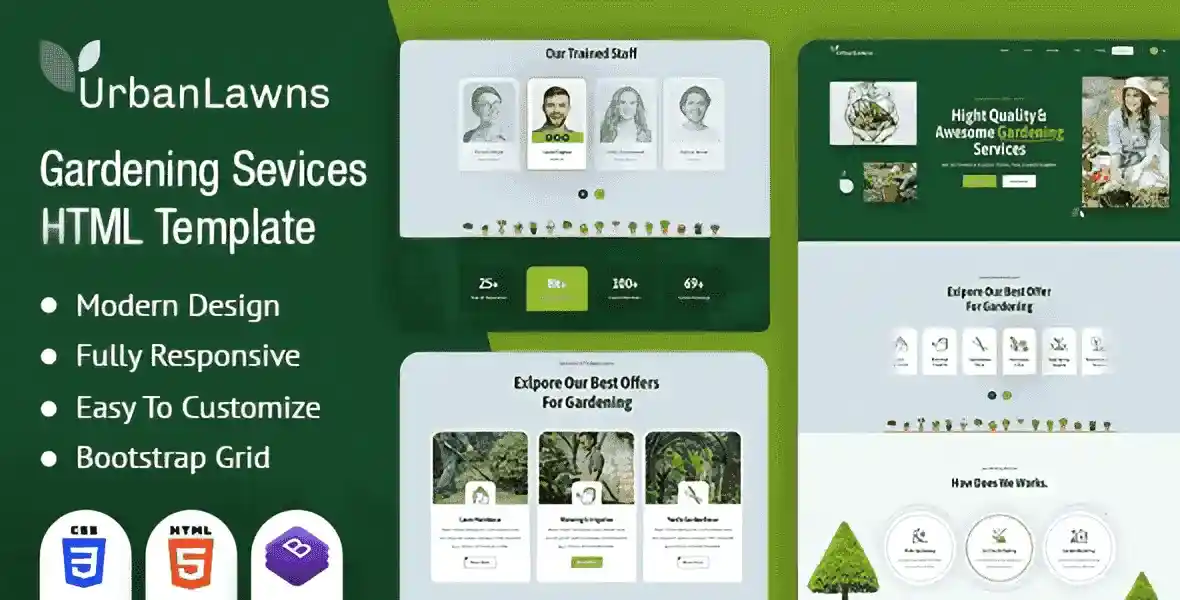 Urban Lawns gardening HTML5 website template preview showcasing a modern landscaping business homepage design