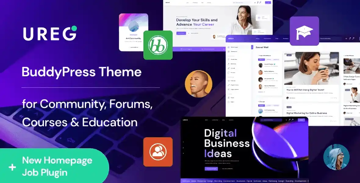 Ureg BuddyPress community WordPress theme homepage with Elementor PRO builder and responsive layout