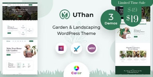 Uthan gardening and landscaping WordPress theme demo showing responsive layout with Elementor PRO