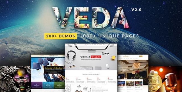 Veda multipurpose WordPress theme dashboard showcasing 200+ demo layouts and page builder interface