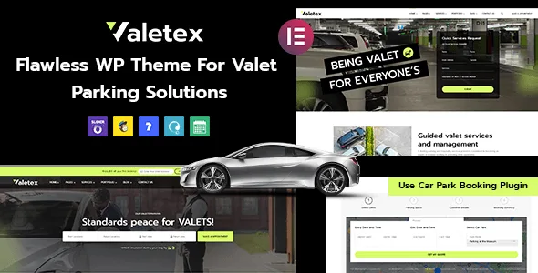 Valetex valet parking WordPress theme preview with Elementor page builder and admin panel