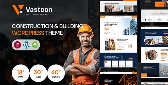 Vastcon construction WordPress theme demo showing professional engineering website layout with Elementor