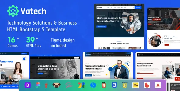 Vatech Bootstrap 5 technology business HTML template homepage preview showing responsive layout with service cards, portfolio grid, and team section