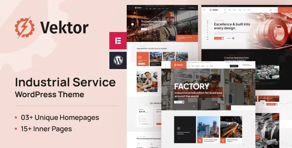 Vektor industrial WordPress theme demo preview showing construction and corporate website layouts