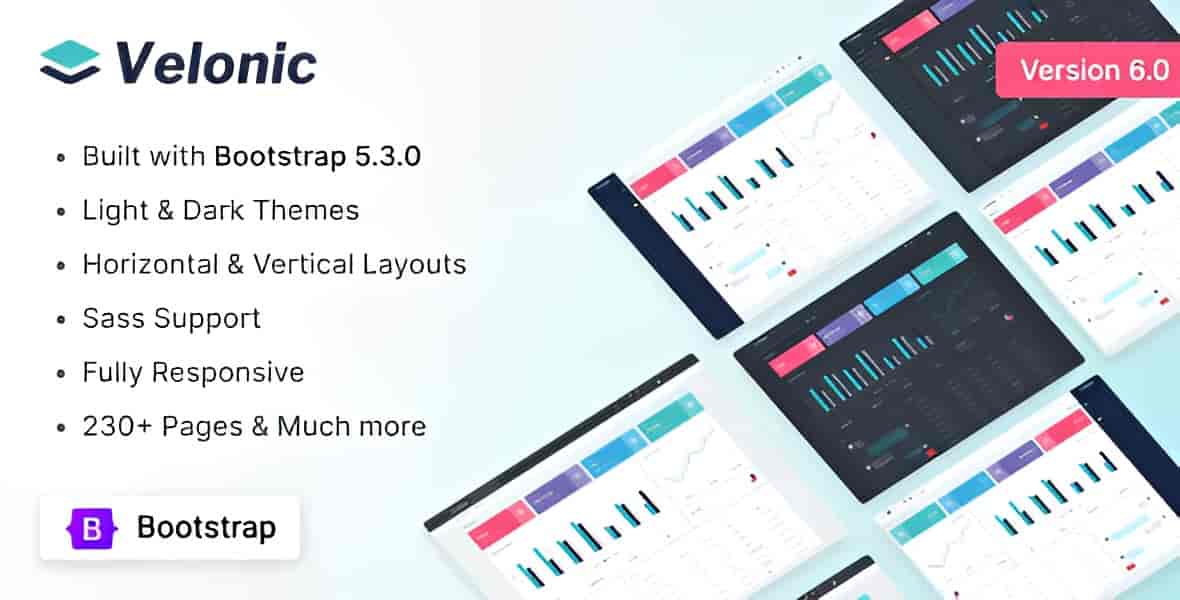 Velonic admin dashboard template preview showing responsive Bootstrap 5 interface with HTML5 components