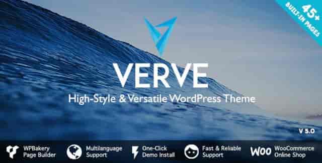 Verve WordPress theme displaying a modern portfolio and blog layout with animated elements