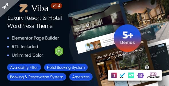 Viba luxury resort and hotel Elementor WordPress theme showcasing elegant room layouts and booking interface