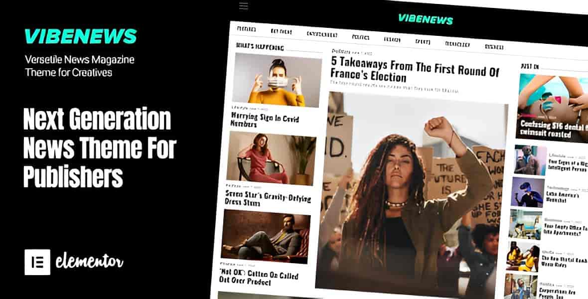 Vibenews news magazine WordPress theme homepage layout on desktop and mobile