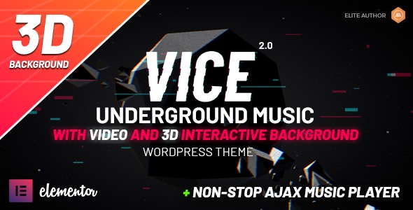 Vice underground music WordPress theme for Elementor with interactive 3D background and glitch effects