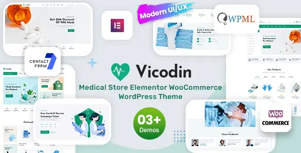 Vicodin medical store WordPress theme preview with Elementor page builder interface