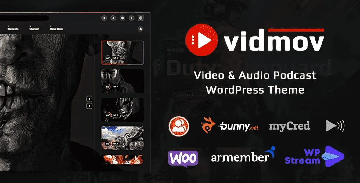 VidMov video WordPress theme dashboard showing video platform layout with monetization and Elementor customization options