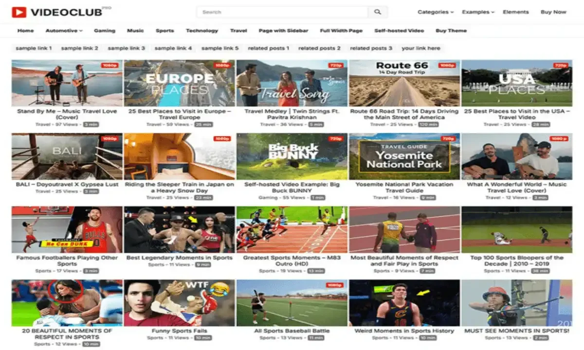 VideoClub Pro WordPress video theme homepage layout showcasing embedded video content