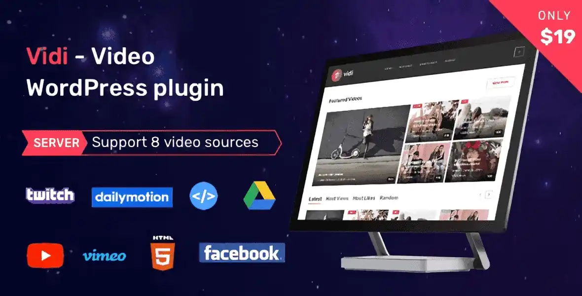 Vidi video WordPress plugin interface showing organized video channels and playlists with modern layout options