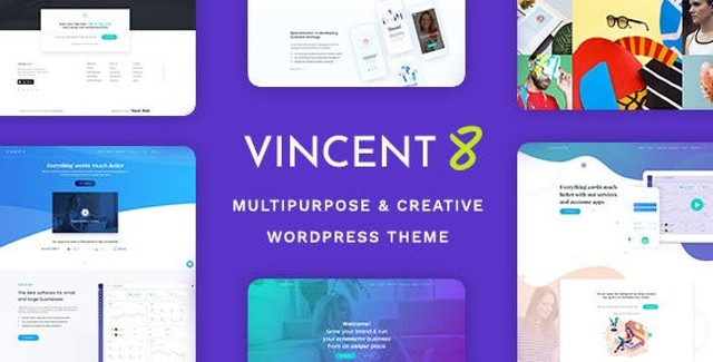 Vincent Eight multipurpose WordPress theme preview with Elementor PRO page builder