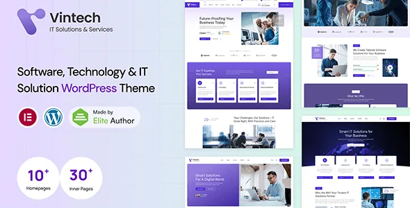 Vintech IT solutions WordPress theme for Elementor with modern tech design