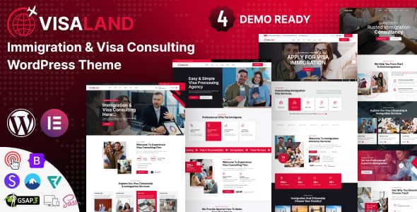 Visaland WordPress theme homepage showing immigration visa consulting website design with service cards and contact form