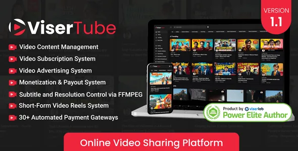 ViserTube video sharing platform PHP script interface showing video upload and streaming features