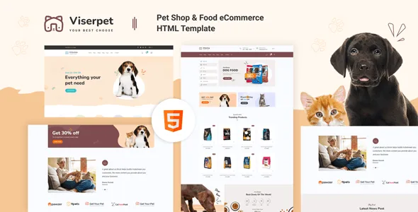 Viserpet pet shop HTML template showing responsive pet product marketplace layout