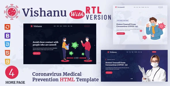 Vishanu medical awareness HTML template preview showcasing a clean Bootstrap 4 design for health and prevention websites