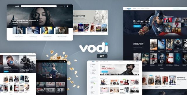 Vodi video WordPress theme preview showing a streaming website layout with movie and TV show content