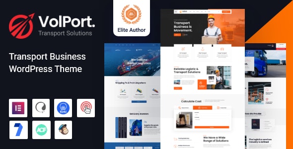 Volport logistics WordPress theme homepage preview showing transportation and freight design