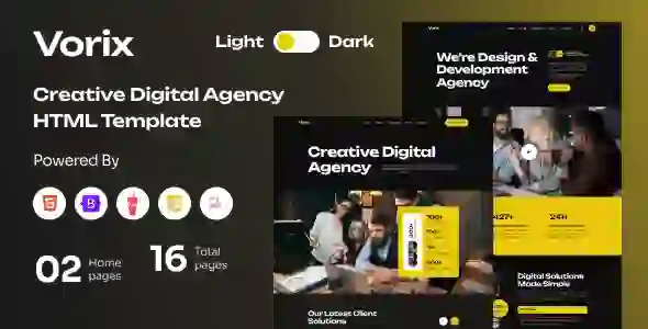 Vorix creative agency HTML template preview showing dual homepage designs, portfolio grid, and dark/light mode toggle on desktop and mobile