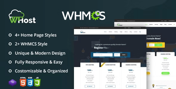 WHost HTML5 hosting template preview showing responsive design for server rental and domain hosting websites