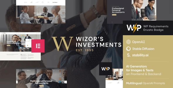 Wizor's investment and business WordPress theme preview showing professional corporate layout with Elementor compatibility