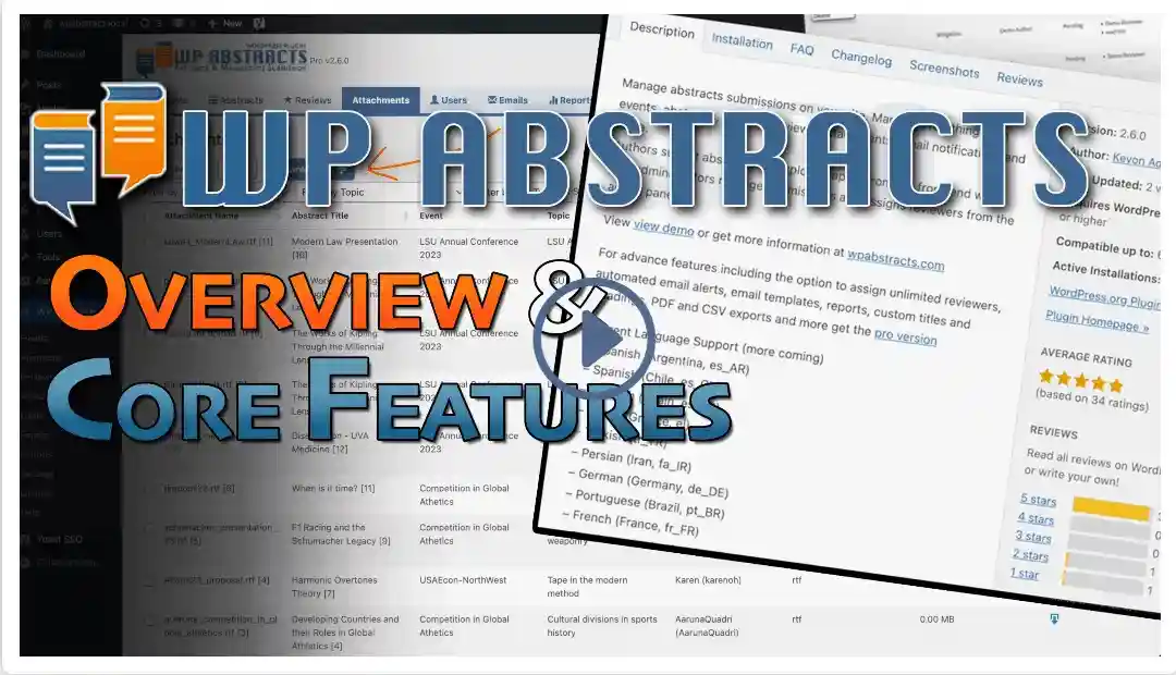 WP Abstracts Pro WordPress abstract management plugin showing the frontend submission portal and review dashboard interface