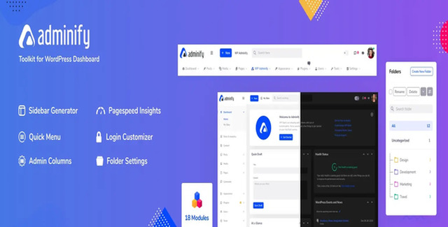 WP Adminify WordPress dashboard management plugin interface showing folder organization and admin columns