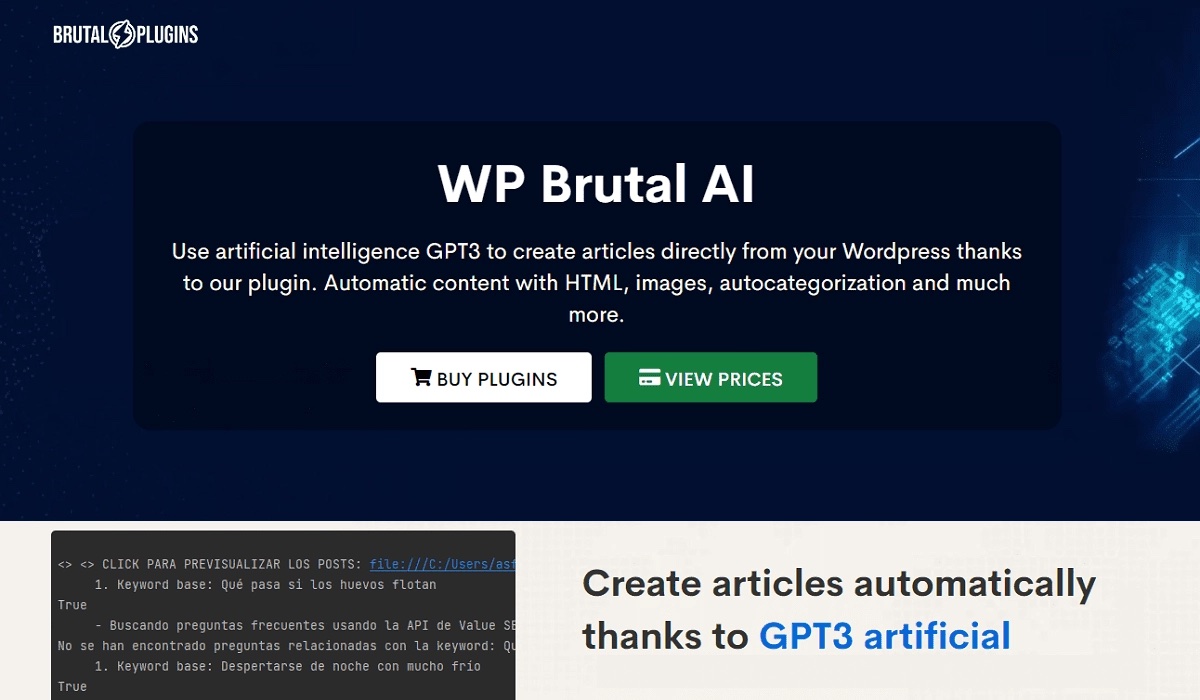 WP Brutal AI WordPress plugin dashboard for AI-powered article generation