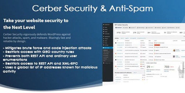 WP Cerber Security Pro WordPress plugin dashboard showing advanced threat detection and bot protection features