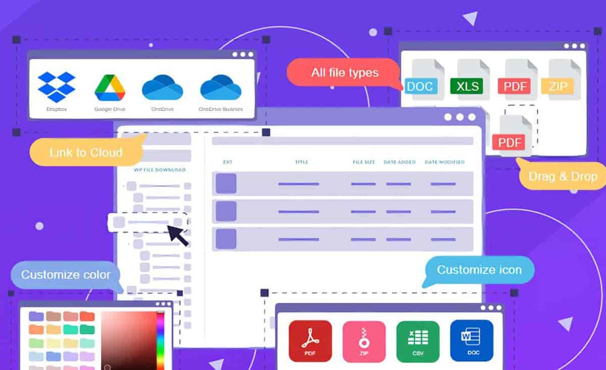 WP File Download WordPress file manager plugin interface showing organized file categories and responsive theme options