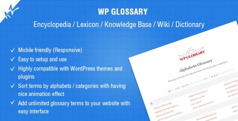 WP Glossary plugin interface showing a customizable encyclopedia and dictionary for WordPress