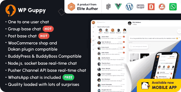 WP Guppy WordPress live chat plugin interface showing real-time messaging, group chat, and media sharing features