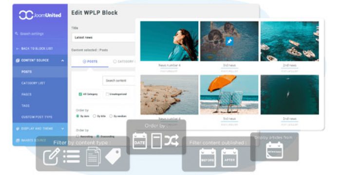 WP Latest Posts Addon plugin interface showing six layout themes including masonry grid, timeline, and portfolio display options