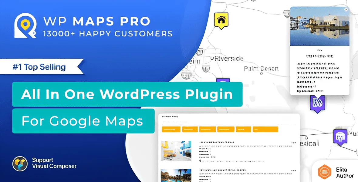 WP MAPS PRO advanced WordPress Google Maps plugin interface showing interactive map with markers and filtering options