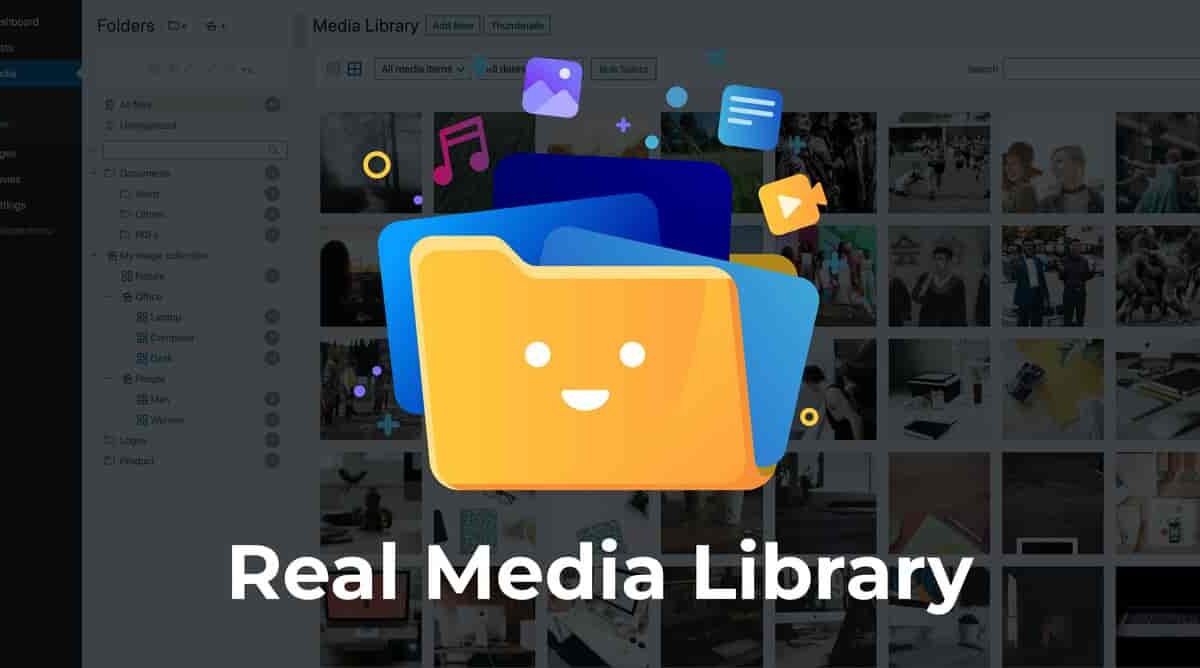 WP Real Media Library folder tree interface showing nested media folders with drag-and-drop organization in WordPress admin