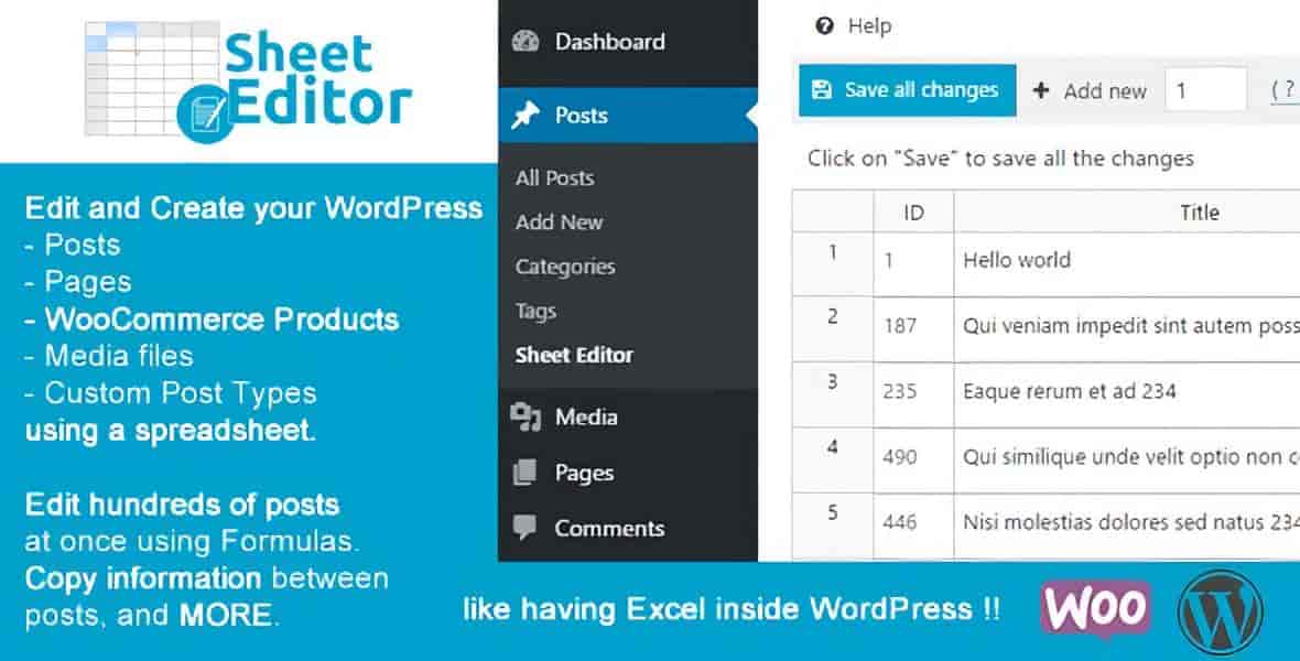 WP Sheet Editor Premium spreadsheet interface showing bulk editing of WordPress posts and WooCommerce product attributes